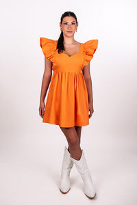 RUFFLE SLEEVE TIE BACK DRESS, TANGERINE