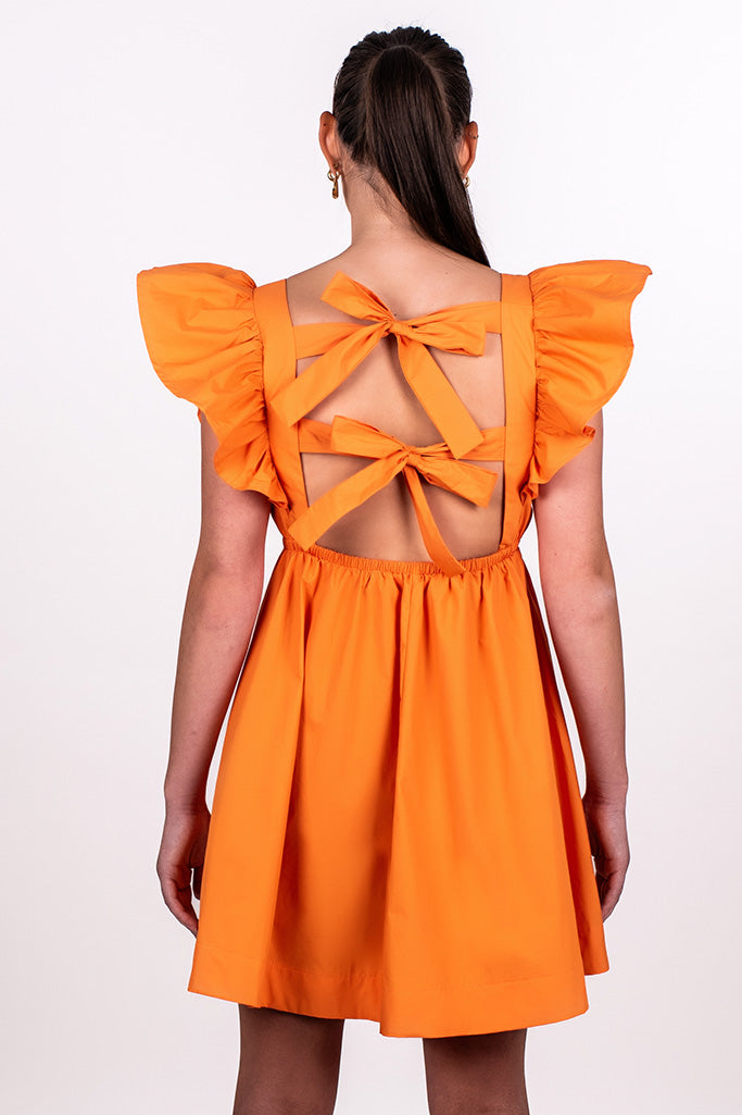 RUFFLE SLEEVE TIE BACK DRESS, TANGERINE