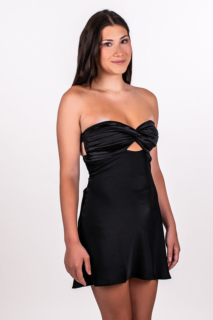 STRAPLESS TWIST DETAIL DRAPE BACK DRESS, BLACK