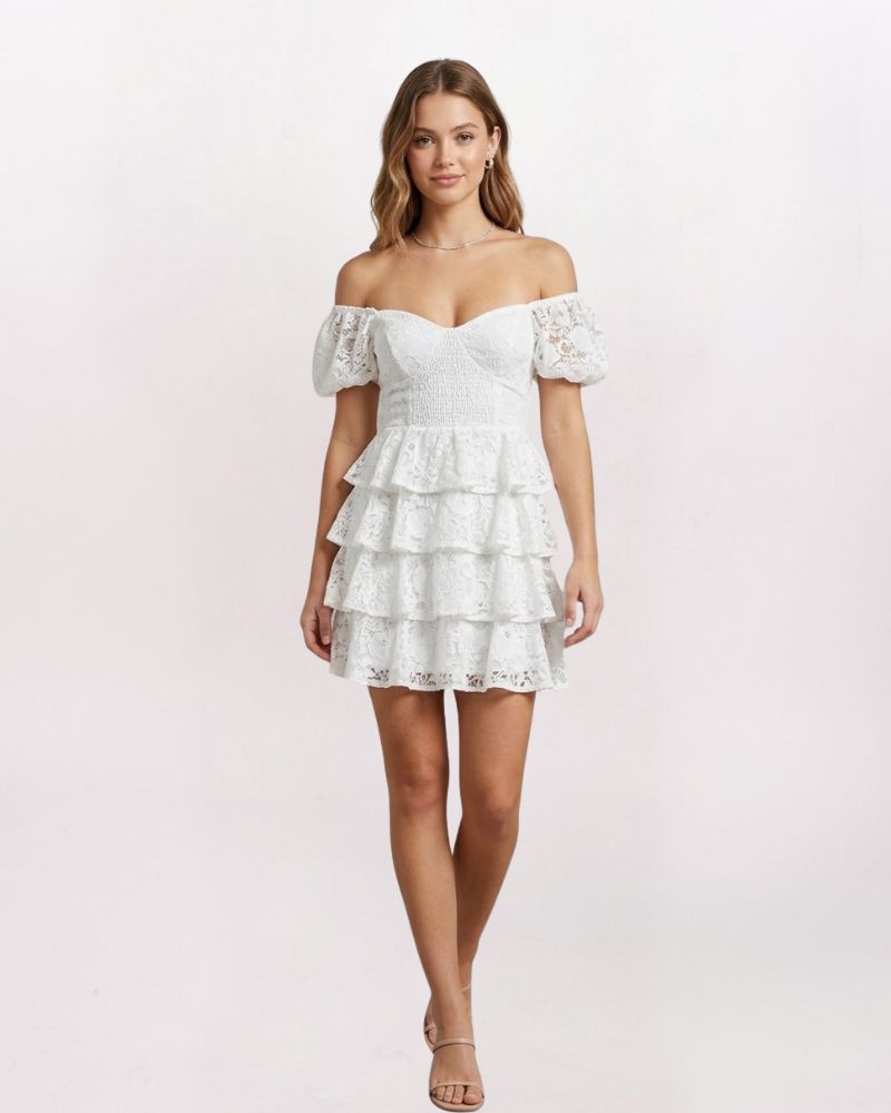 PUFF SLEEVE TIERED LACE DRESS