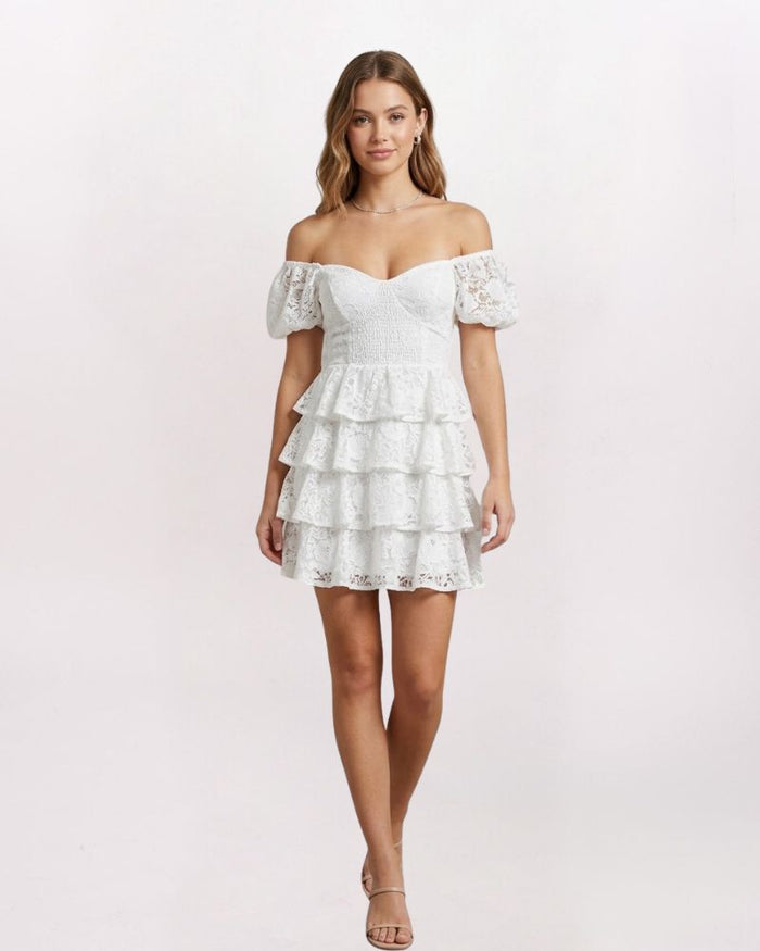 PUFF SLEEVE TIERED LACE DRESS