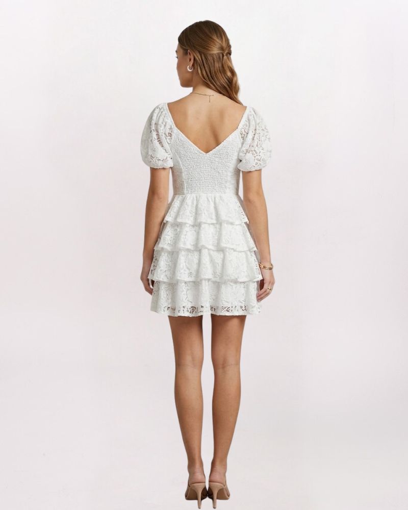 PUFF SLEEVE TIERED LACE DRESS