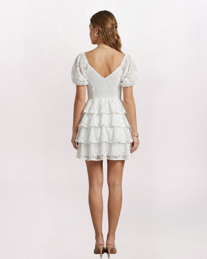 PUFF SLEEVE TIERED LACE DRESS