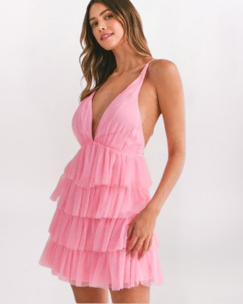 TIERED TULLE PLUNGE DRESS, PINK
