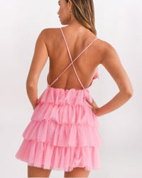 TIERED TULLE PLUNGE DRESS, PINK
