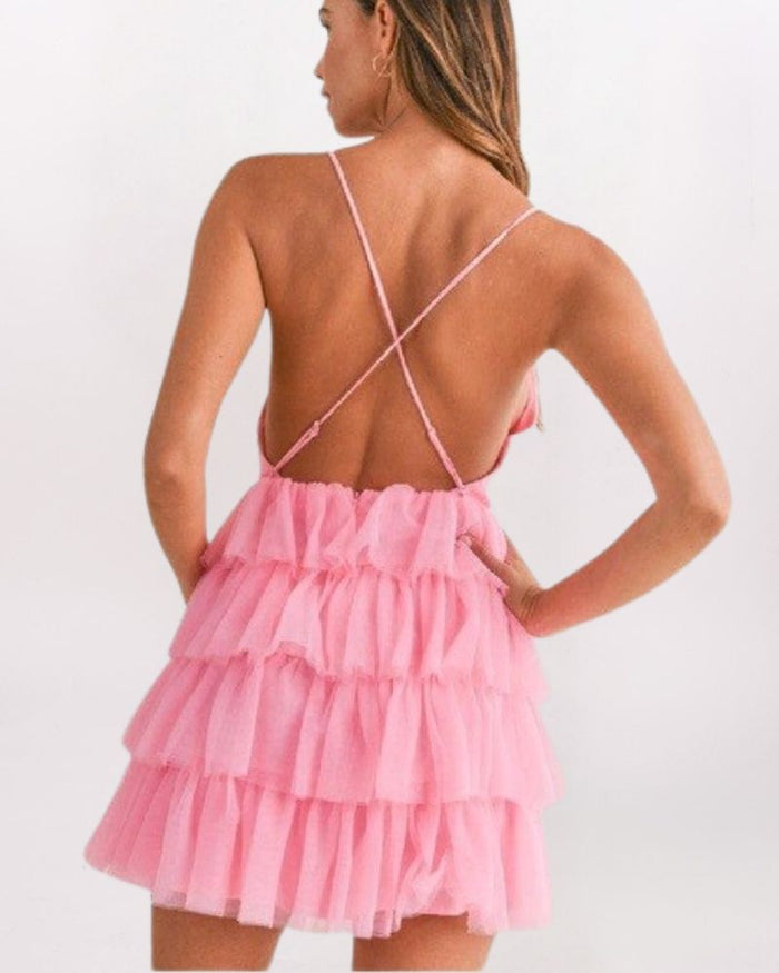 TIERED TULLE PLUNGE DRESS, PINK