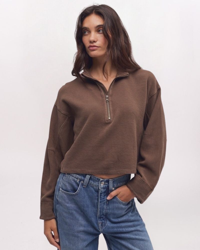 CELESTE QUARTER ZIP SWEATSHIRT, TEAK