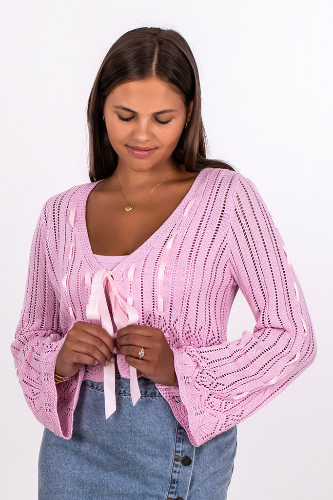 RIBBON TIE CARDIGAN, PINK