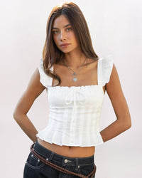 SQUARE NECK PLEATED TOP, WHITE