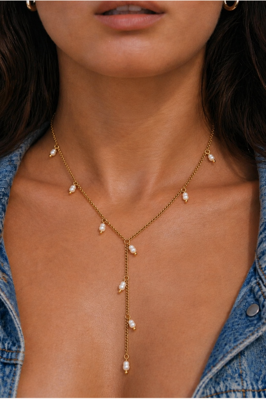 CASEY PEARL LARIAT NECKLACE - 304SS/18K G PVD