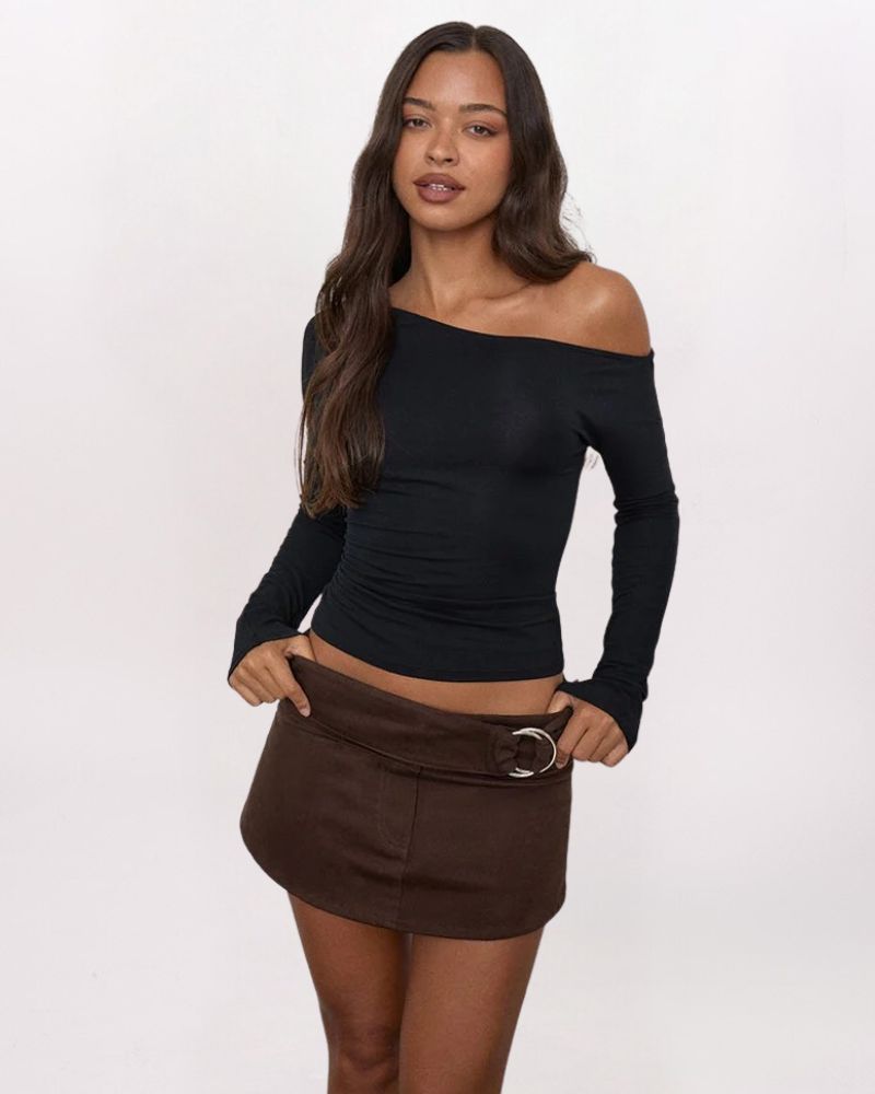 SUEDED BELT DETAIL SKIRT, BROWN