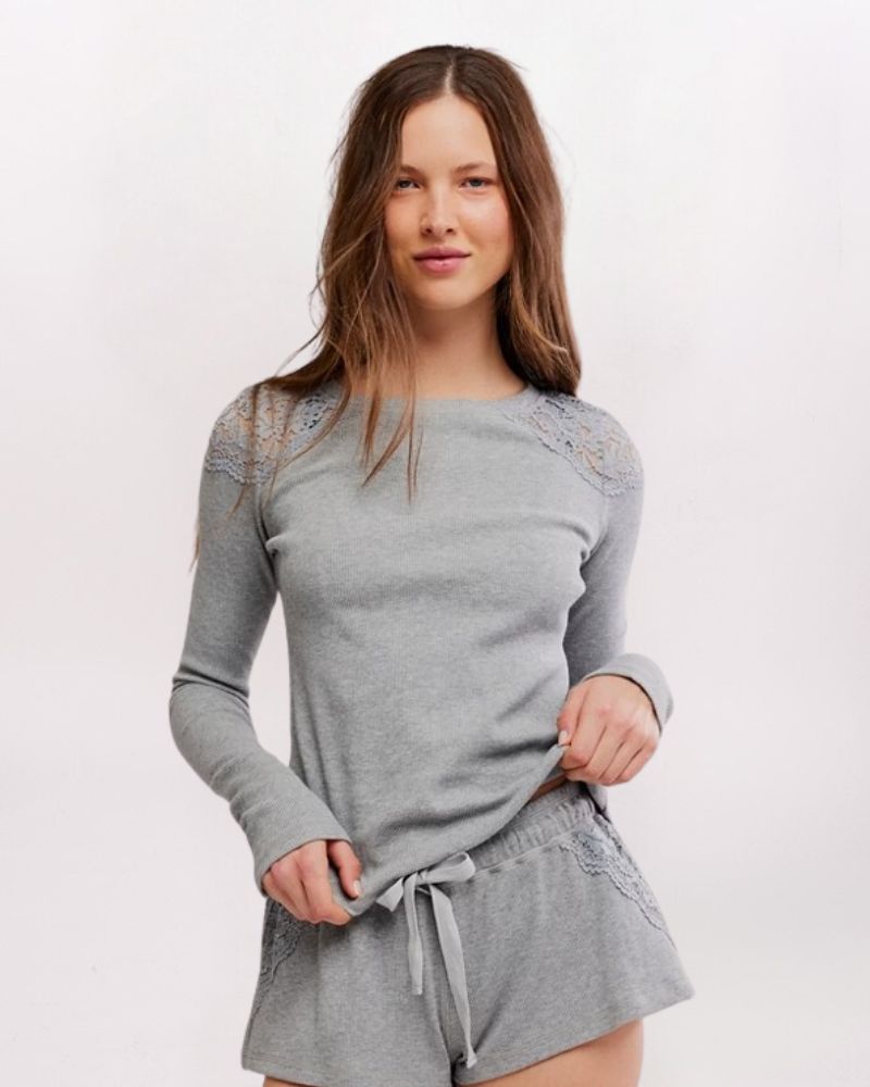 MADE YOU BLUSH LACE DETAIL TOP, H GREY