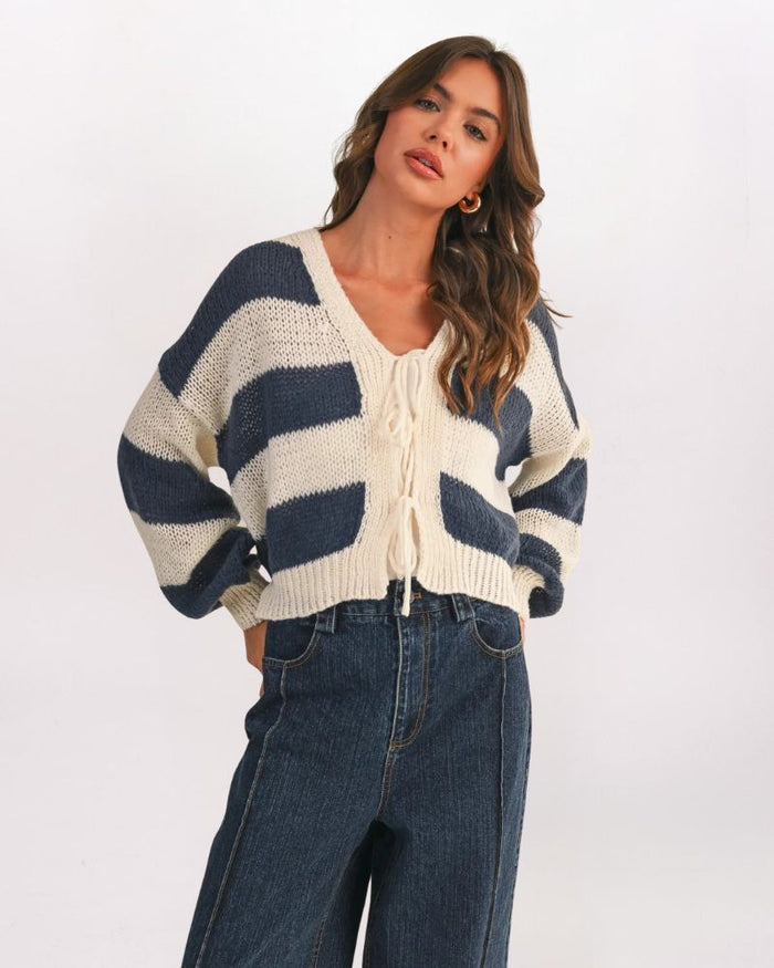 STRIPED TIE FRONT CARDIGAN