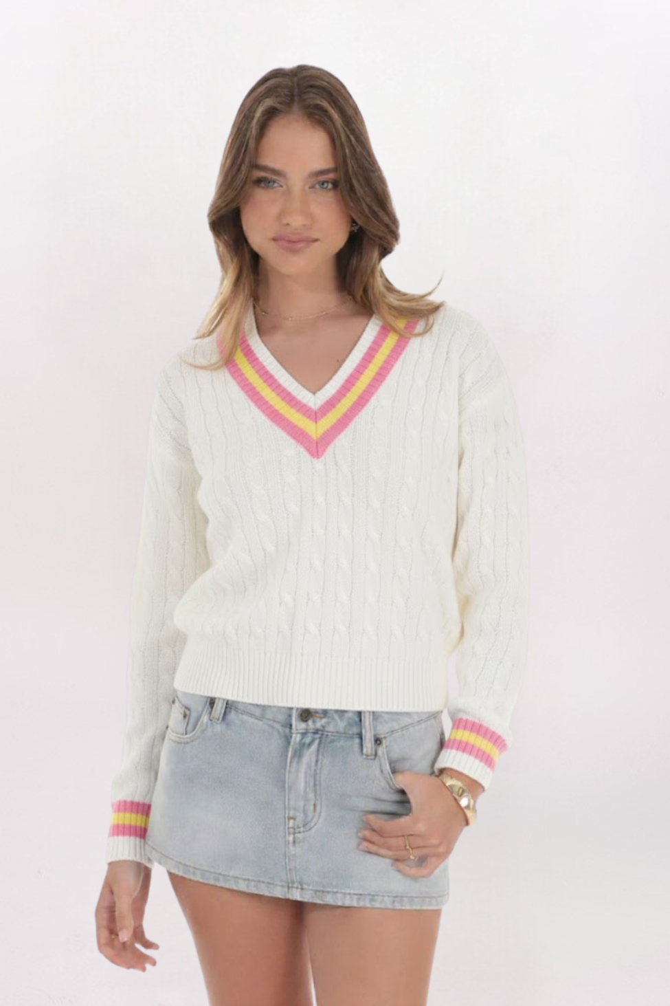 STRIPED TRIM V-NECK CABLE SWEATER