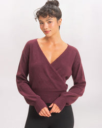 BALLOON SLEEVE SURPLICE SWEATER, DK CHERRY