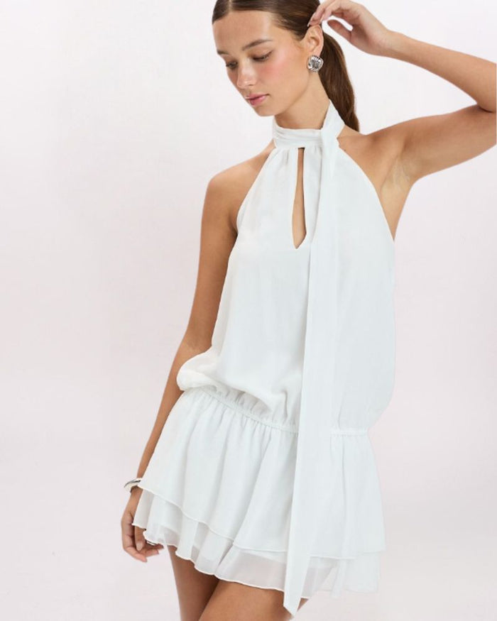 HIGH NECK FLIRTY SKIRTED DRESS, WHITE