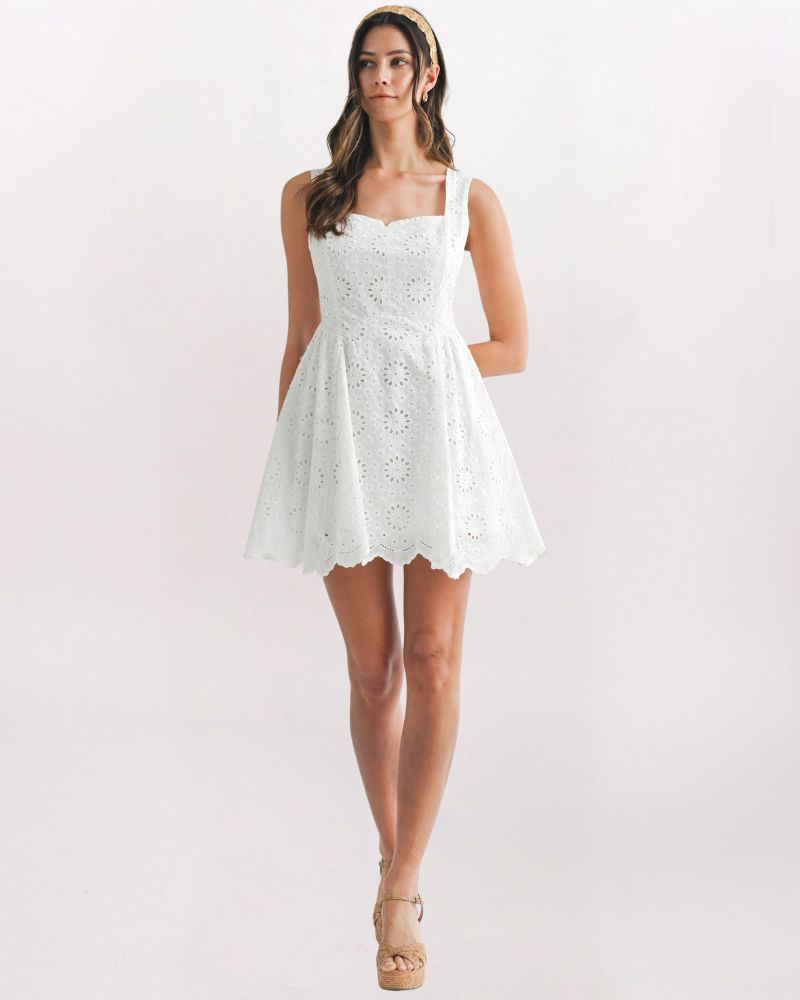 EYELET LACED BACK DRESS, OFF WHITE