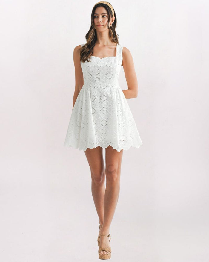 EYELET LACED BACK DRESS, OFF WHITE