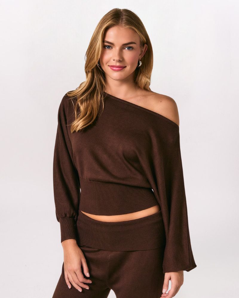 SLOUCHY OFF SHOULDER TOP, BROWN