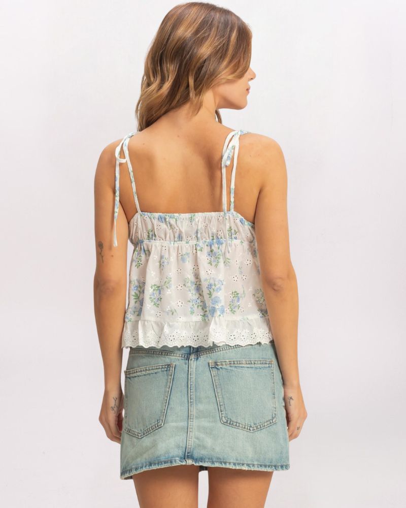 FLORAL EYELET BABYDOLL TANK, WHITE/BLUE