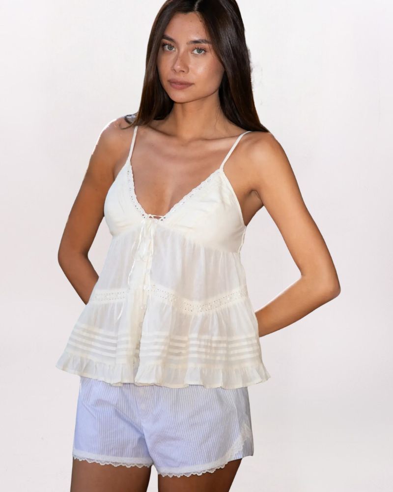 TIE DETAIL TIERED BABYDOLL TOP, CREAM