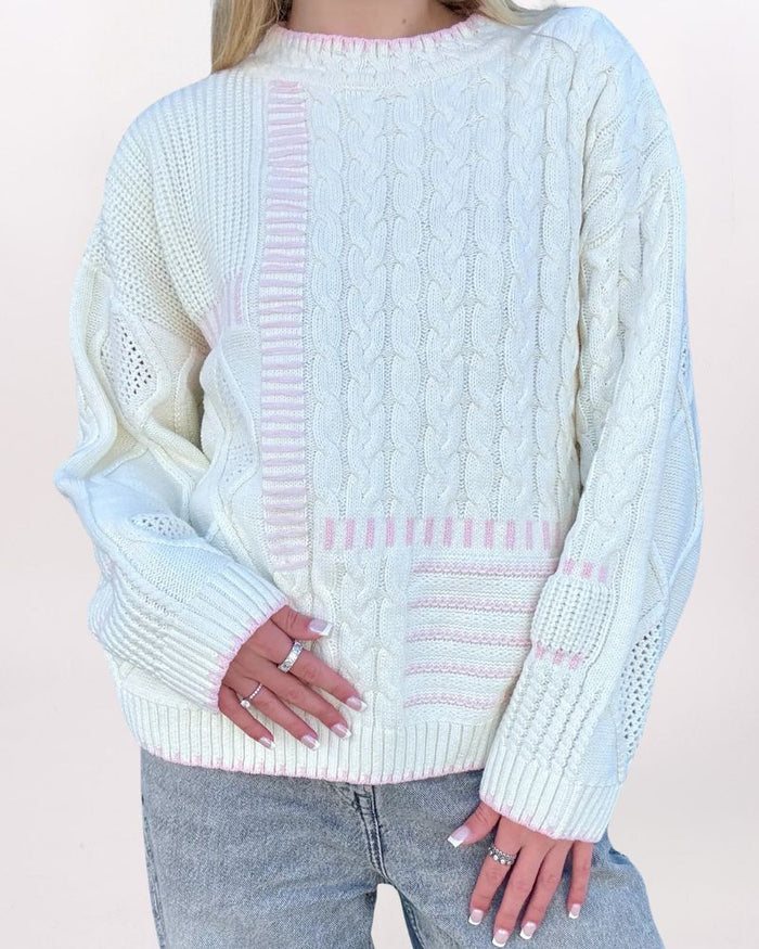LS PIECED GIRLY SWEATER, IVORY/LT PINK