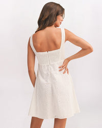 SQUARE NECK EMPIRE EYELET DRESS, WHITE