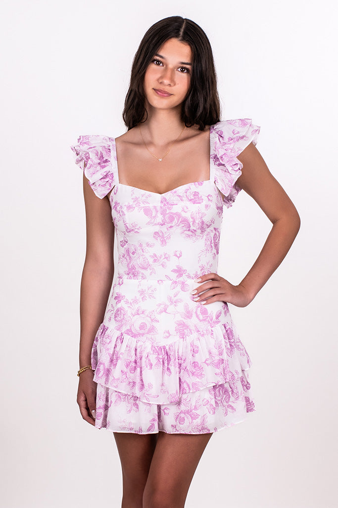 TOILE FLORAL RUFFLE DRESS, PINK