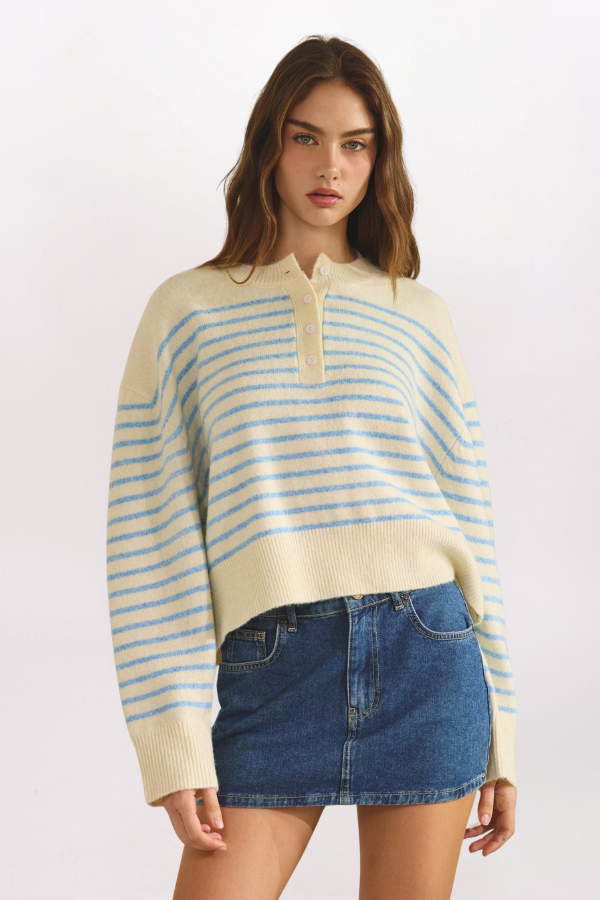 COZY STRIPED HENLEY SWEATER