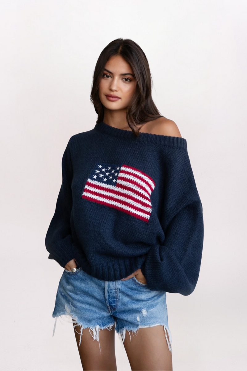 OFF SHOULDER AMERICAN FLAG SWEATER