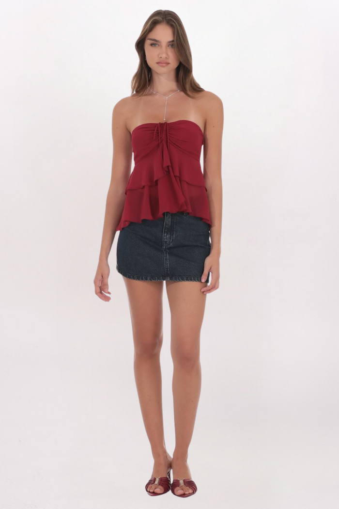 STRAPLESS CHIFFON RUFFLE TOP