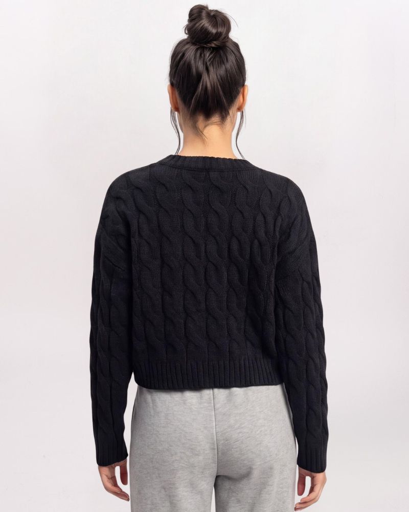 CHENILLE BRAIDED CABLE SWEATER, BLACK