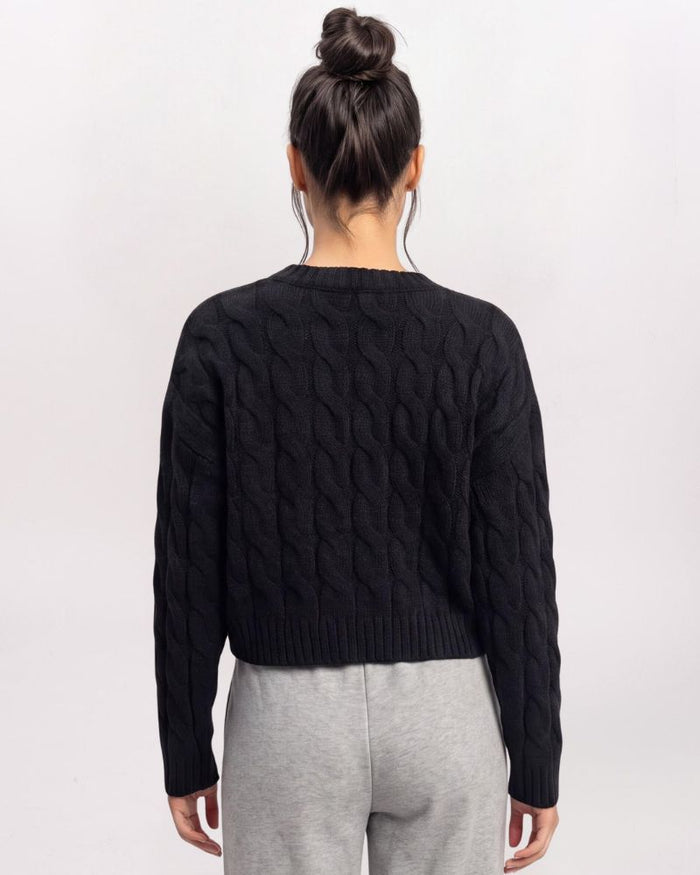 CHENILLE BRAIDED CABLE SWEATER, BLACK