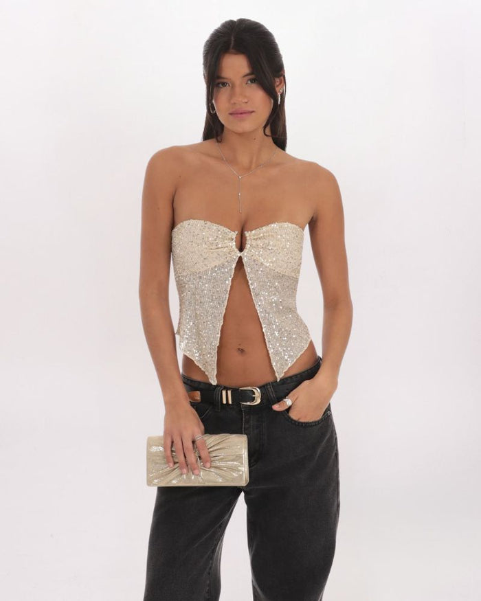 SEQUIN STRAPLESS FLYAWAY TOP