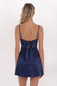 SATIN SWEETHEART NECK TIE BACK DRESS, NAVY