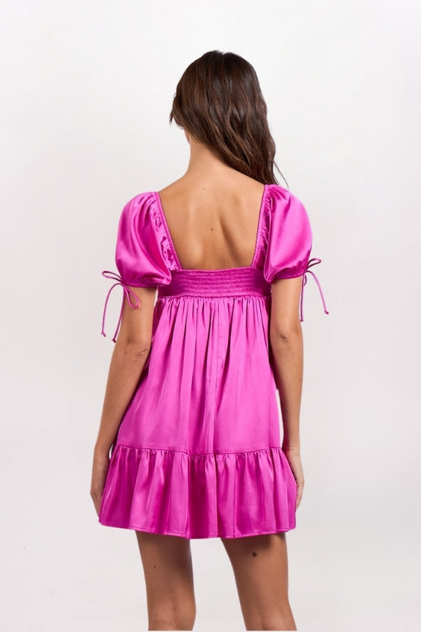 SATIN PUFF SLEEVE BABYDOLL DRESS - ROSE