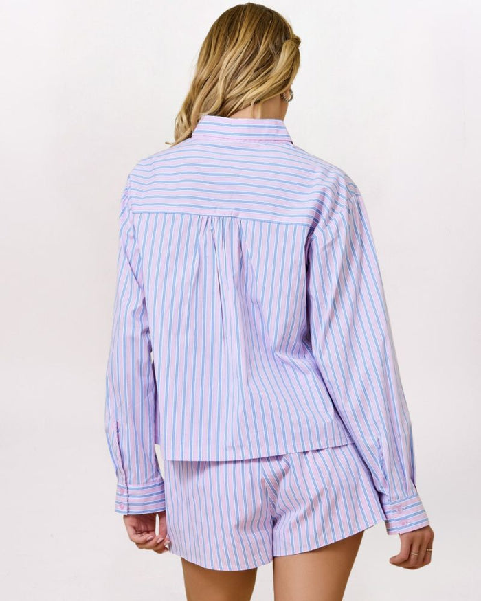 BOXY CROP VERTICLE STRIPES BUTTON DOWN, PINK/BLUE