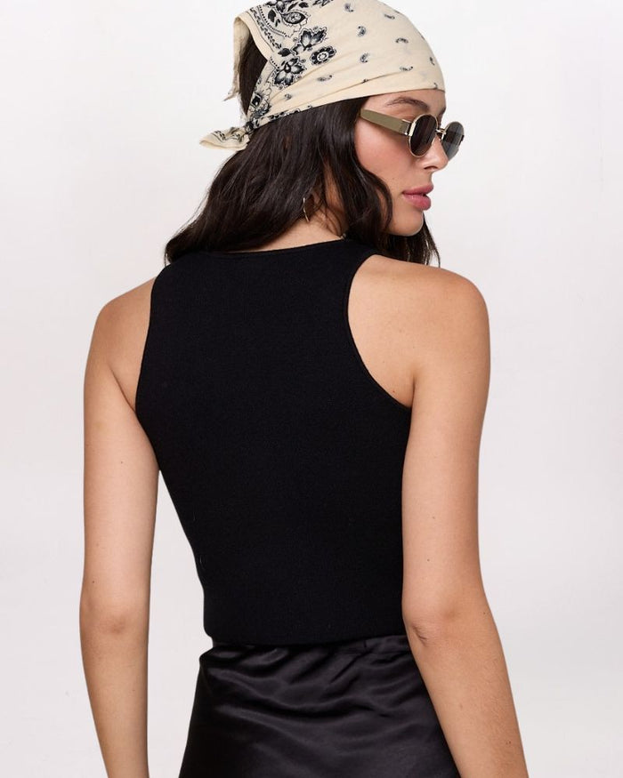 KNIT BUTTON VEST TOP, BLACK