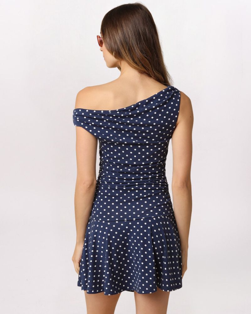 OFF SHOULDER POLKA DOT DRESS, NAVY/IVRY