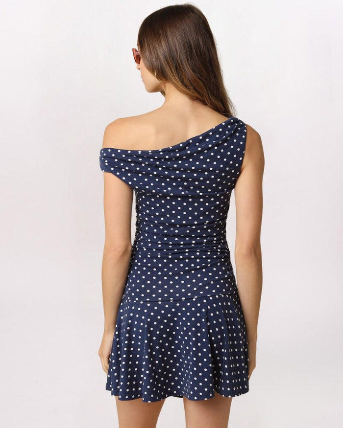 OFF SHOULDER POLKA DOT DRESS, NAVY/IVRY