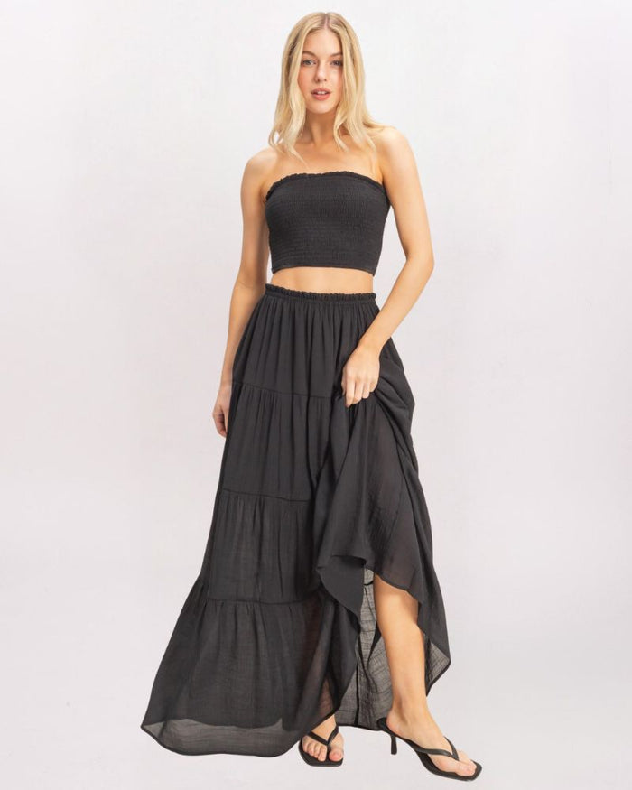 SMOCKED TUBE & MAXI SKIRT SET, BLACK