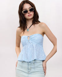 STRAPLESS EMBROIDERED FLY AWAY TOP, BLUE