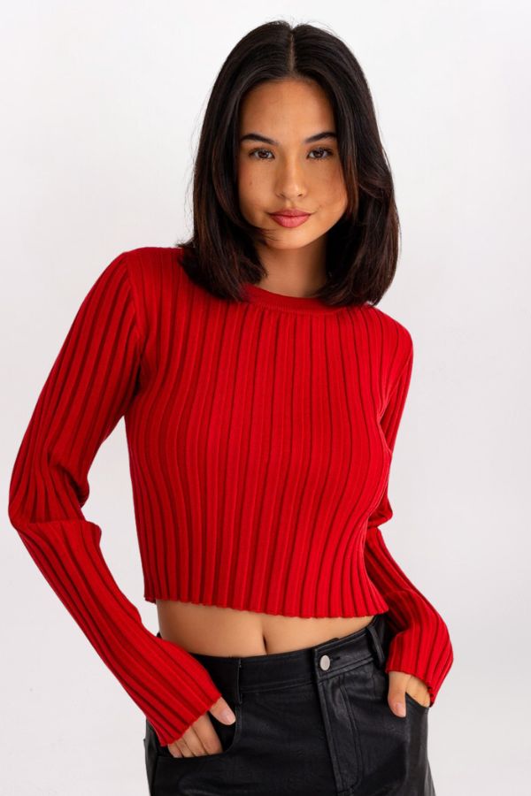 RUCHED OPEN BACK RIB SWEATER