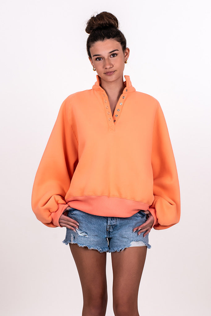 BALLOON SLEEVE HENLEY SNAP SWEATSHIRT, CORAL