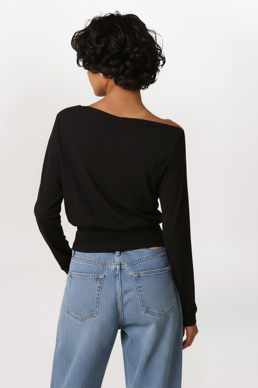 FITTED WAIST DRAPE TOP, BLACK