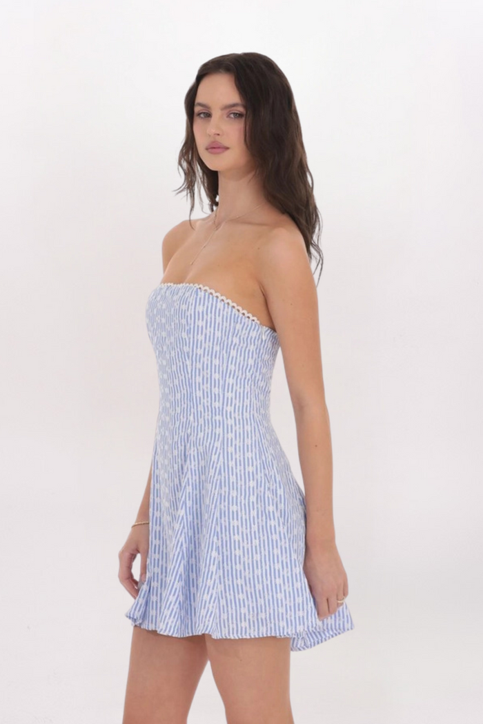STRAPLESS STRIPED FLORAL DRESS