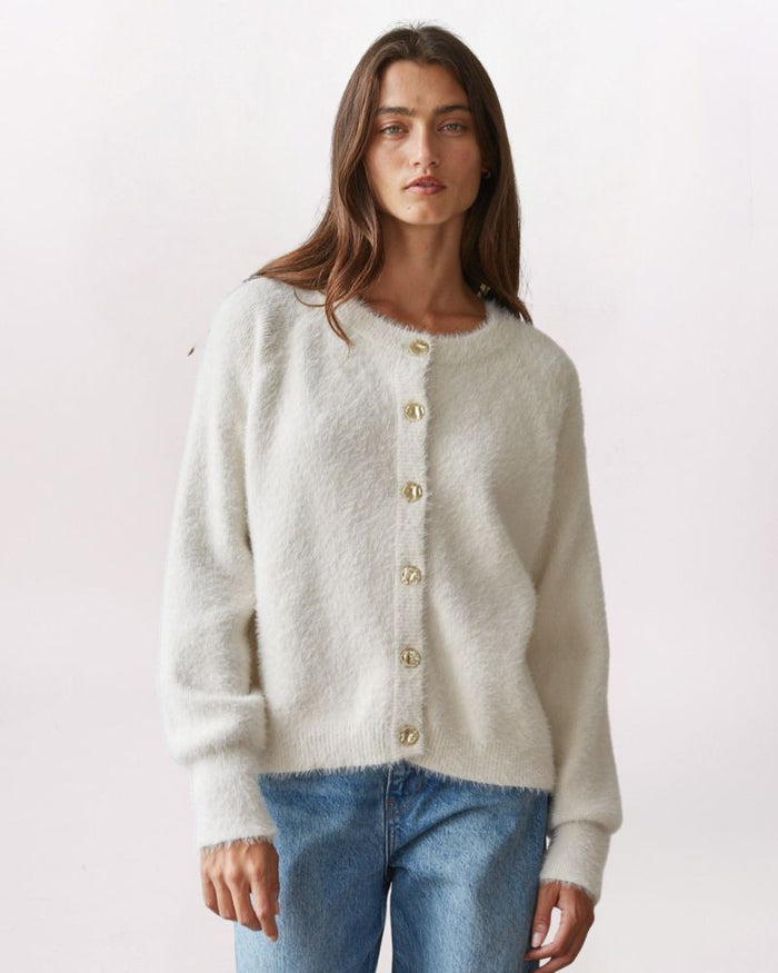 EYELASH BUTTON CARDIGAN, IVORY