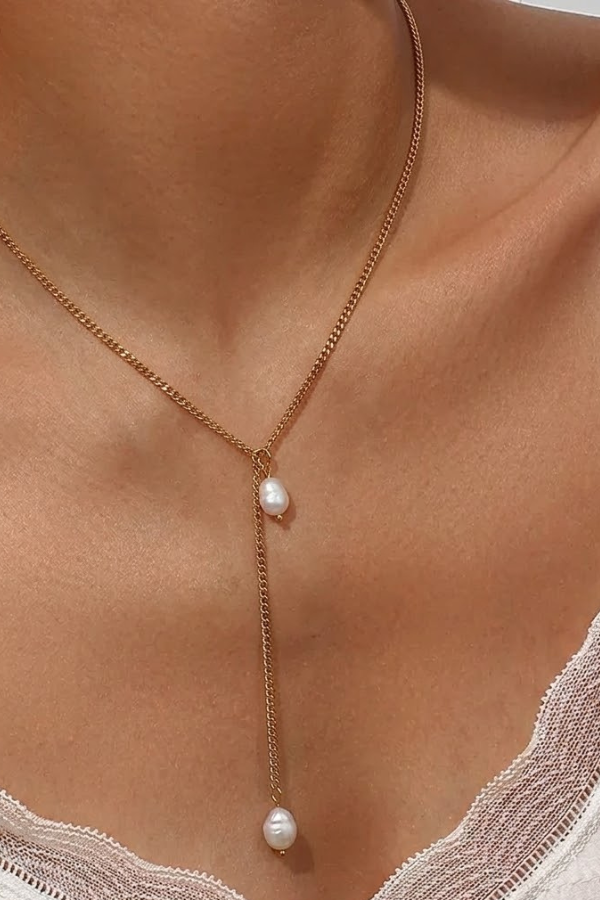 CASEY PEARL LARIAT NECKLACE - 304SS/18K G PVD