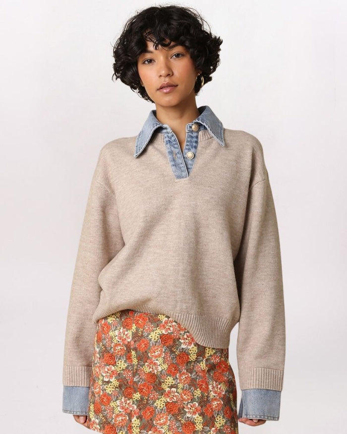 DENIM COLLAR SWEATER, KHAKI LT DNM
