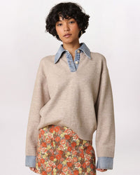 DENIM COLLAR SWEATER, KHAKI LT DNM
